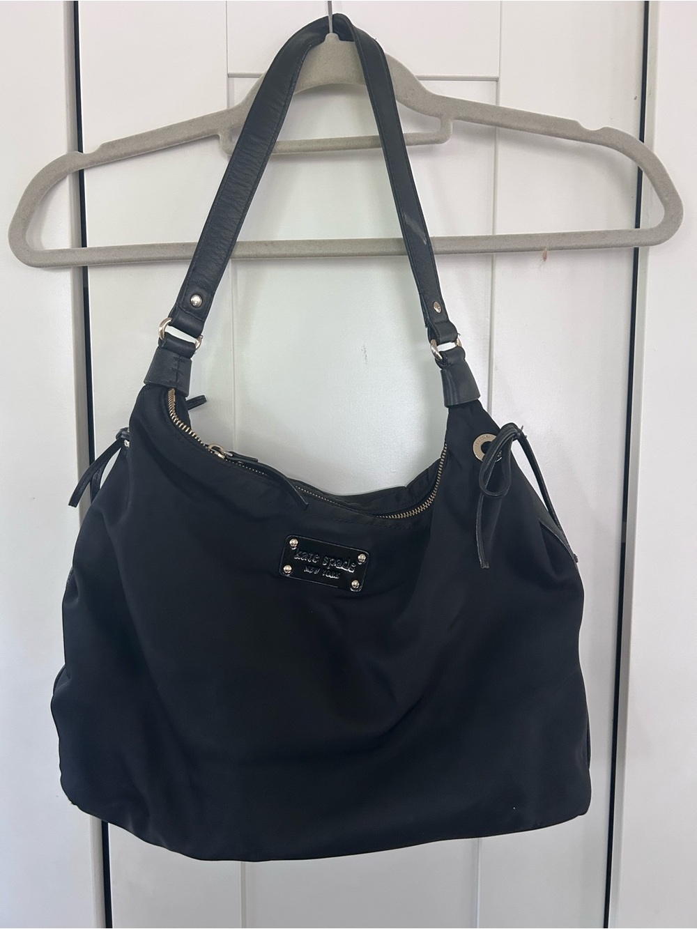 kate spade Black Nylon Shoulder Bag with Leather Straps and Logo Plaque